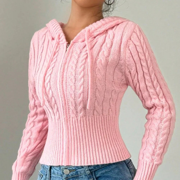 Pink Casual Women's Drawstring Hooded Cardigan - Picture 5 of 5